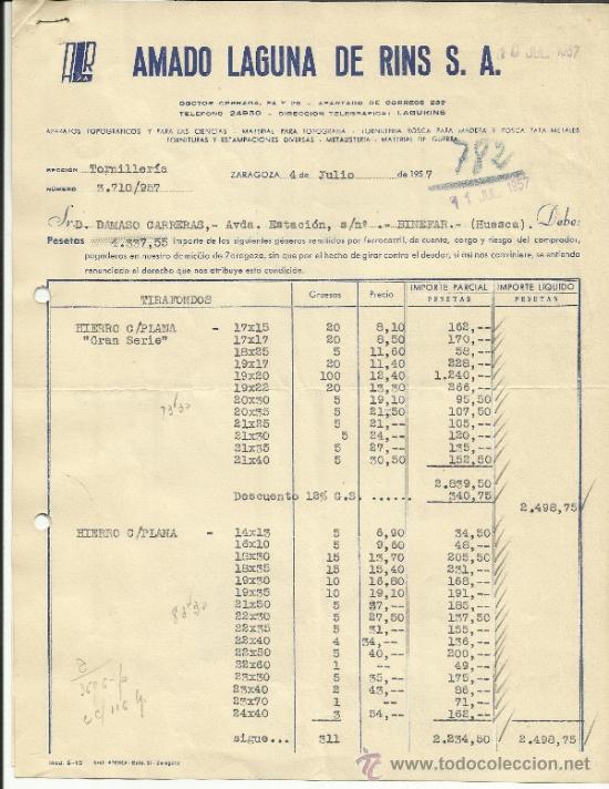 Factures anciennes: FACTURA DE AMADO LAGUNA DE RINS. S.A. ZARAGOZA 1957