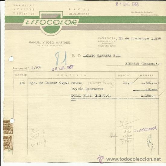 Alte Rechnungen: FACTURA DE LITOCOLOR. LACAS Y BARNICES. ZARAGOZA. 1957