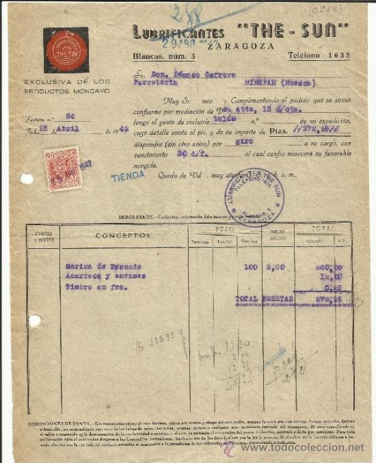 Alte Rechnungen: FACTURA DE LUBRICANTES THE SUN. ZARAGOZA 1942