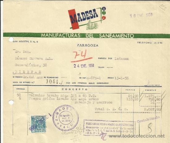 Alte Rechnungen: FACTURA DE MADESA. MANUFACTURAS DEL SANEAMIENTO. ZARAGOZA. 1958