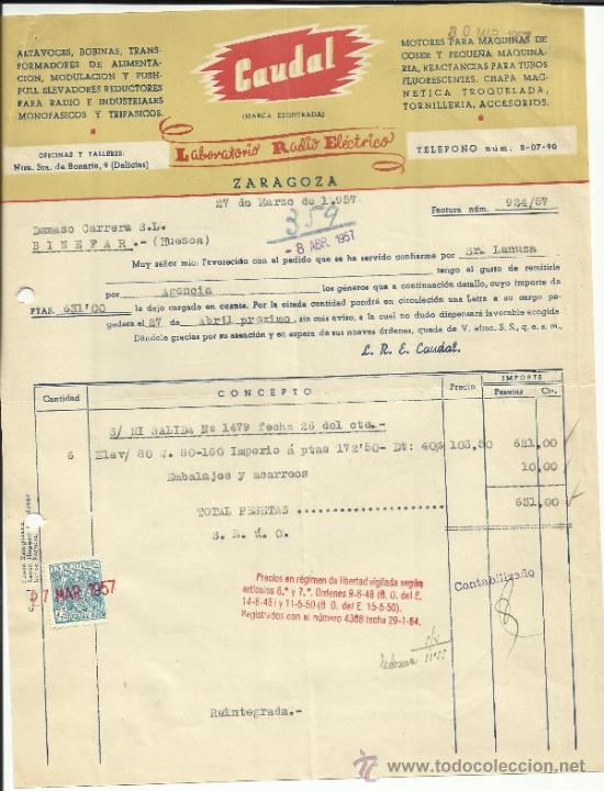 Alte Rechnungen: FACTURA DE CAUDAL. LABORATORIO RADIO EL&Eacute;CTRICO. ZARAGOZA. 1957