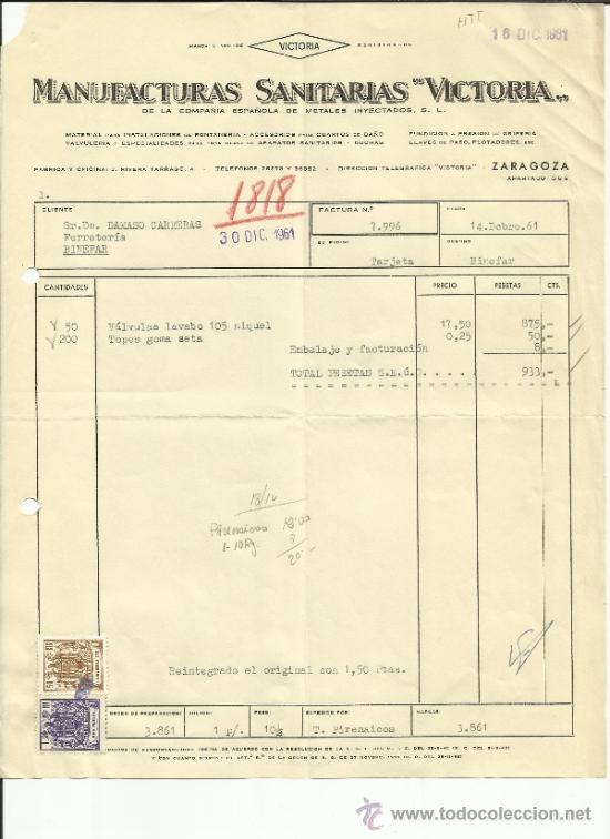 Alte Rechnungen: FACTURA DE MANUFACTURAS SANITARIAS VICTORIA.ZARAGOZA. 1961
