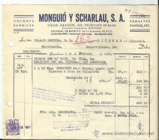 Alte Rechnungen: FACTURA DE MONGUI&Oacute; Y SCHARLAU S.A. BARCELONA. 1961
