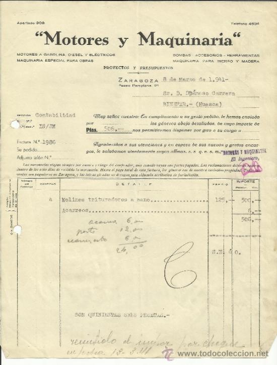 Alte Rechnungen: FACTURA DE MOTORES Y MAQUINARIA. ZARAGOZA. 1941