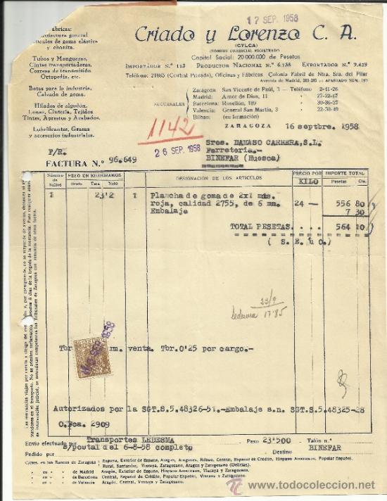 Alte Rechnungen: FACTURA DE CRIADO Y LORENZO S.A. ZARAGOZA. 1958