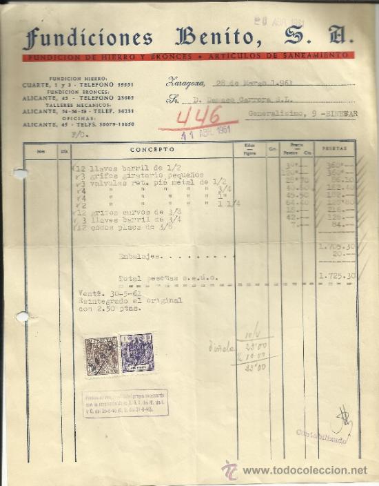 Facturas antiguas: FACTURA DE FUNDICIONES BENITO. ZARAGOZA. 1961 - Foto 1