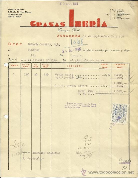 Old Invoices: FACTURA DE GRASAS IBERIA. ZARAGOZA. 1955