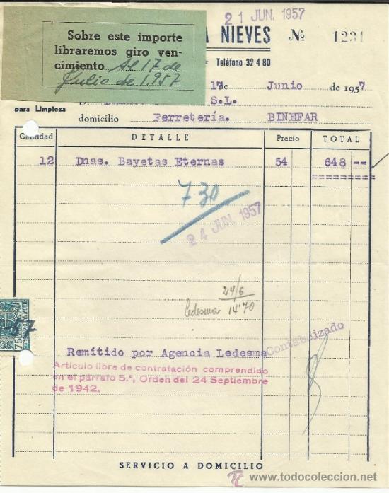 Old Invoices: FACTURA DE PRODUCTOS BLANCA NIEVES. ZARAGOZA. 1957