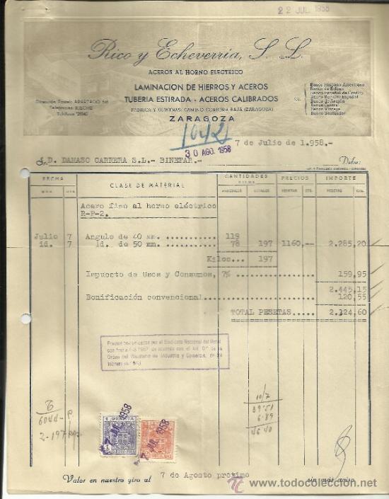 Old Invoices: FACTURA DE RICO Y ECHEVERRIA. S.L. ZARAGOZA. 1958