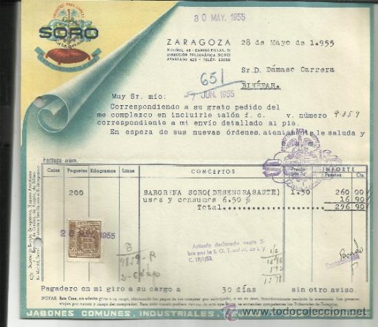 Old Invoices: FACTURA DE SORO PRODUCTOS PARA LA LIMPIEZA. ZARAGOZA. 1955