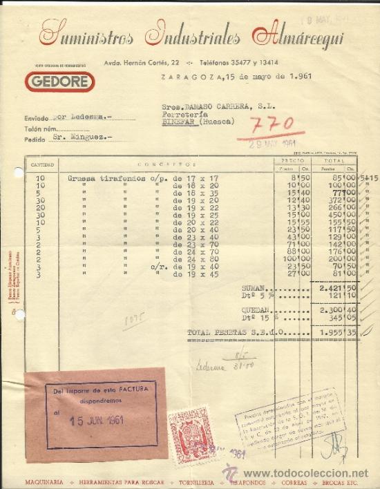 Old Invoices: FACTURA DE SUMINISTROS INDUSTRIALES ALMARCEGUI. ZARAGOZA. 1961