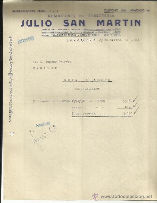 Old Invoices: FACTURA DE JULIO SAN MART&Iacute;N. ZARAGOZA. 1941