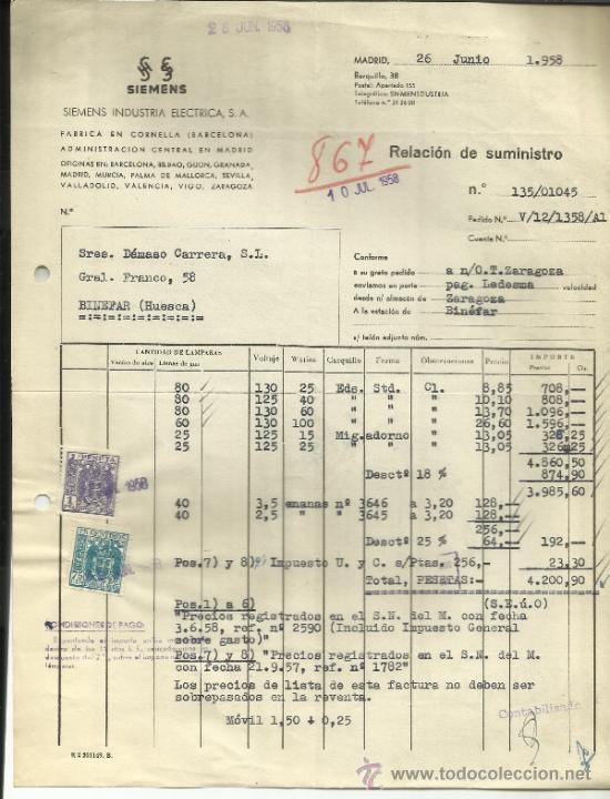 Old Invoices: FACTURA DE SIEMENS INDUSTRIA ELECTRICA S.A. ZARAGOZA. 1958