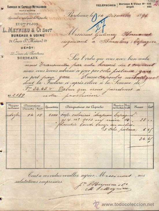 Facturas antiguas: FACTURA DE L. MEYNIEU & C&ordm; SUCRS. FABRIQUE DE CAPSULES M&Eacute;TALLIQUES. BORDEAUX 1896