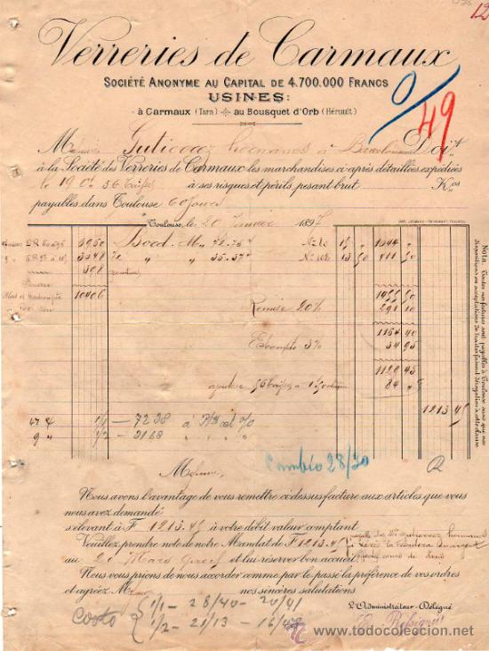 Facturas antiguas: FACTURA DE VERRERIE DE CARMAUX. TOULOUSE 1897, FRANCE
