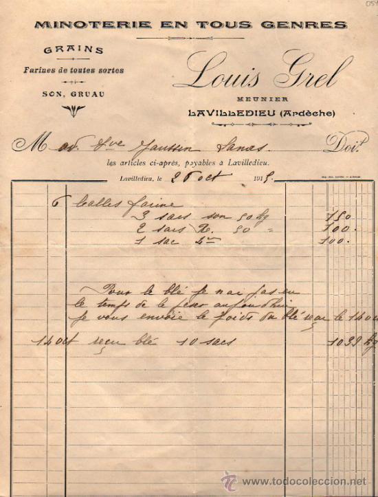 Facturas antiguas: FACTURA DE LOUIS GREL. MEUNIER. LAVILLEDIEU 1915, FRANCE