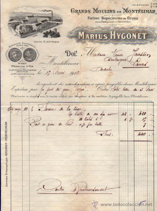 Facturas antiguas: FACTURA DE MARIUS HYGONET. GRANDS MOULINS DE MONT&Eacute;LIMAR. FRANCE 1916