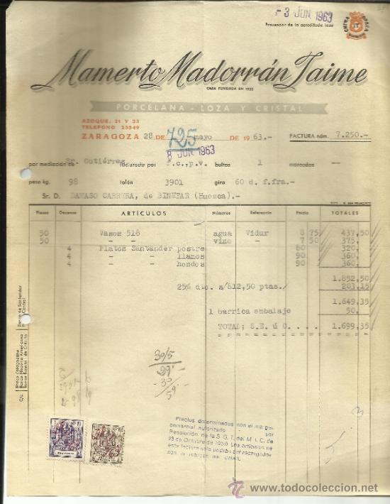 Factures anciennes: FACTURA DE MAMERTO MADORR&Aacute;N JAIME. PORCELANA, LOZA Y CRISTA. ZARAGOZA. 1963