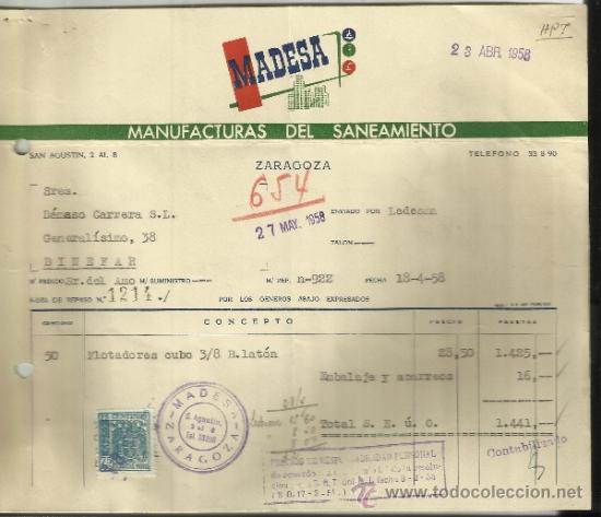 Factures anciennes: FACTURA DE MADESA. MANUFACTURAS DEL SANEAMIENTO. ZARAGOZA. 1958
