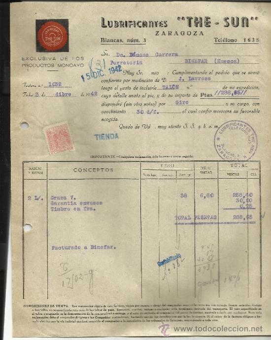 Factures anciennes: FACTURA DE LUBRIFICANTES THE SUN. ZARAGOZA. 1942