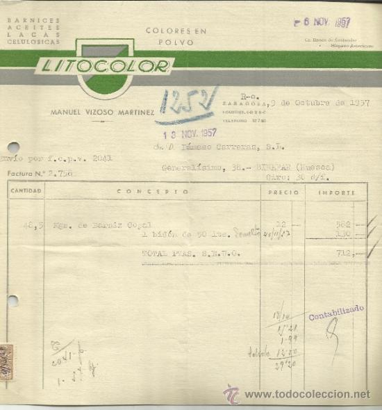 Factures anciennes: FACTURA DE LITOCOLOR. COLORES EN POLVO. ZARAGOZA. 1957