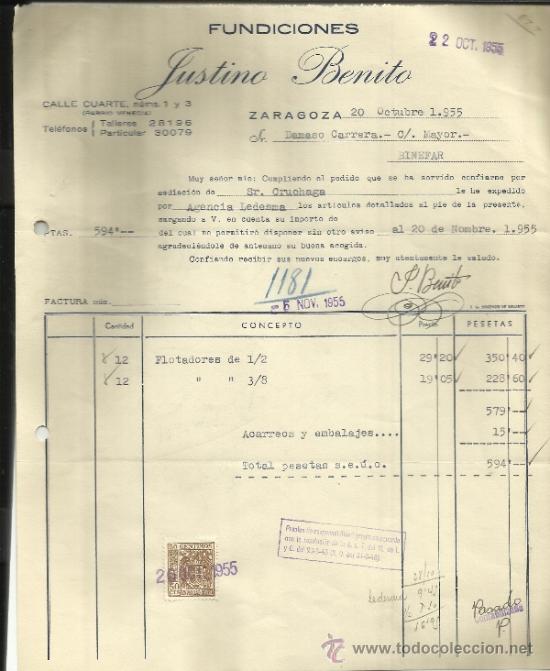 Factures anciennes: FACTURA DE JUSTINO BENITEZ. FUNDICIONES. ZARAGOZA. 1955