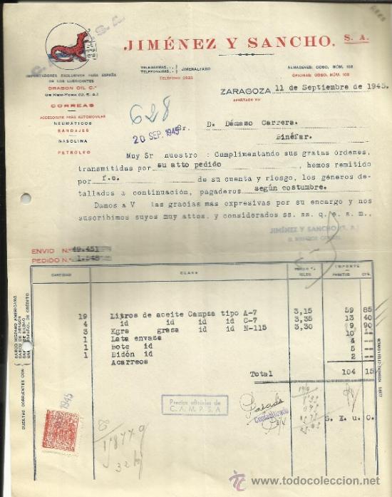 Factures anciennes: FACTURA DE JIM&Eacute;NEZ Y SANCHO. S.A. ZARAGOZA. 1945