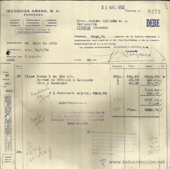 Factures anciennes: FACTURA DE IZUQUIZA ARANA S.A.ZARAGOZA.V1952