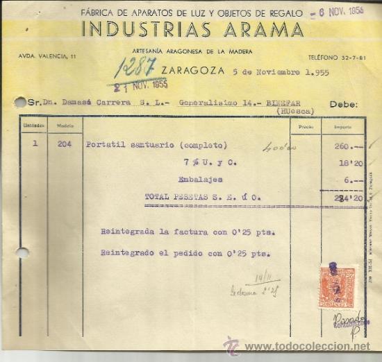 Factures anciennes: FACTURA DE INDUSTRIAS ARAMA. F&Aacute;BRICA DE APARATOS DE LUZ Y OBJETOS DE REGALOS. ZARAGOZA. 1955