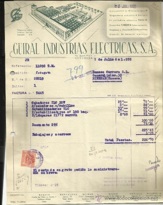Factures anciennes: FACTURA DE GUIRAL INDUSTRIAS EL&Eacute;CTRICAS. ZARAGOZA. 1955