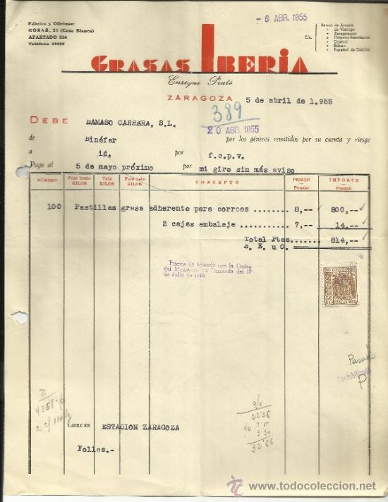 Factures anciennes: FACTURA DE GRASAS IBERIA. ZARAGOZA. 1955