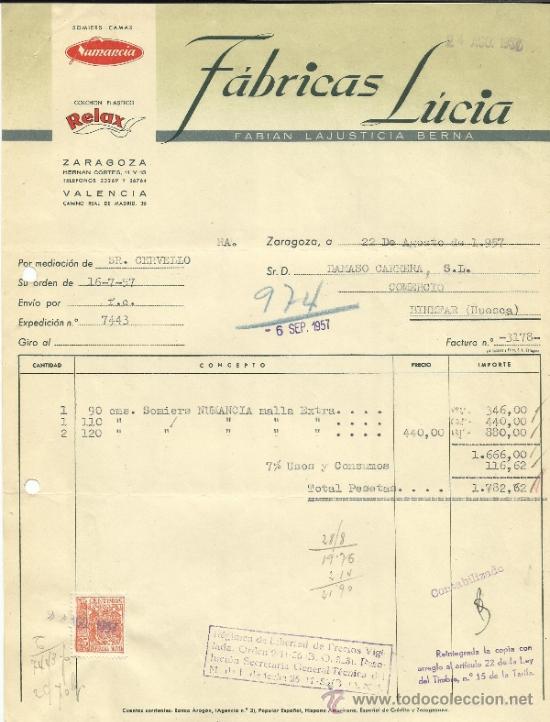 Factures anciennes: FACTURA DE F&Aacute;BRICA LUCIA. SOMIERS CAMAS. ZARAGOZA. 1957