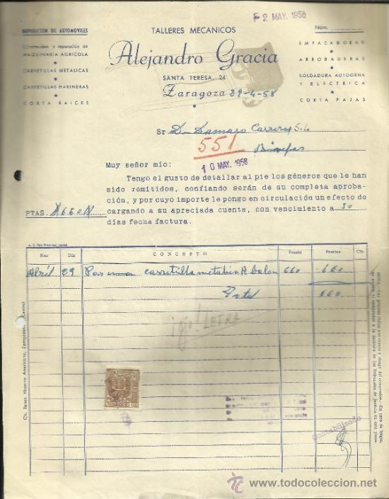 Factures anciennes: TALLERES MEC&Aacute;NICOS ALEJANDRO GRACIA. ZARAGOZA. 1958