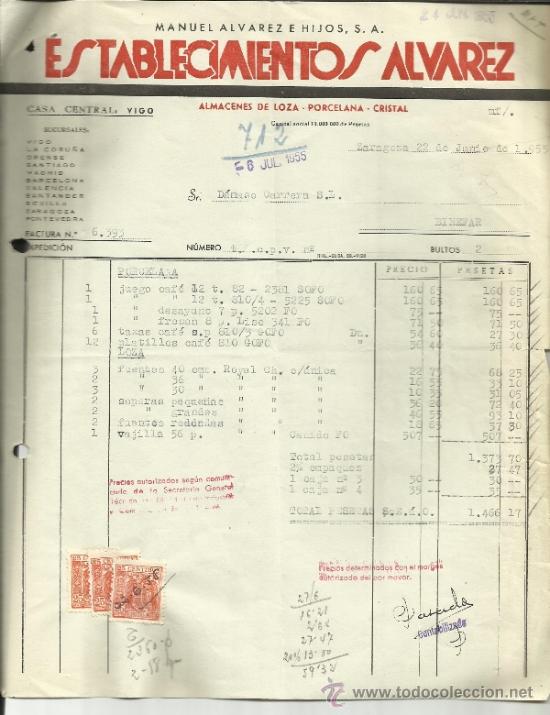 Factures anciennes: FACTURA DE ESTABLECIMIENTOS ALVAREZ. LOZA, PORCELANA Y CRISTAL. ZARAGOZA.1955