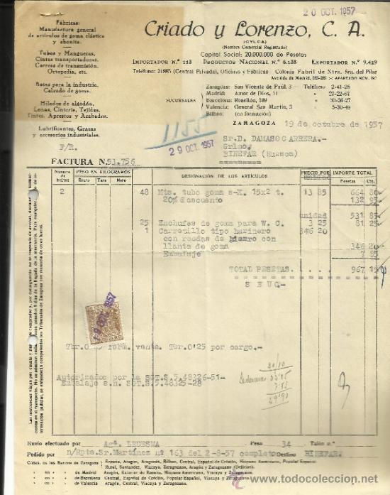 Factures anciennes: FACTURA DE CRIADO Y LORENZO C.A. MANUFACTURA DE ART&Iacute;CULOS DE GOMA EL&Aacute;STICA. ZARAGOZA. 1957