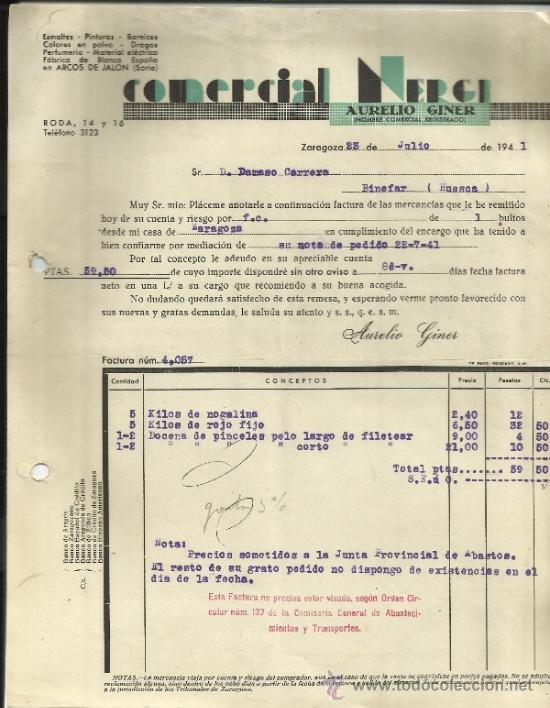 Factures anciennes: FACTURA DE COMERCIAL NERGI. ESMALTES Y PINTURAS. ZARAGOZA. 1941