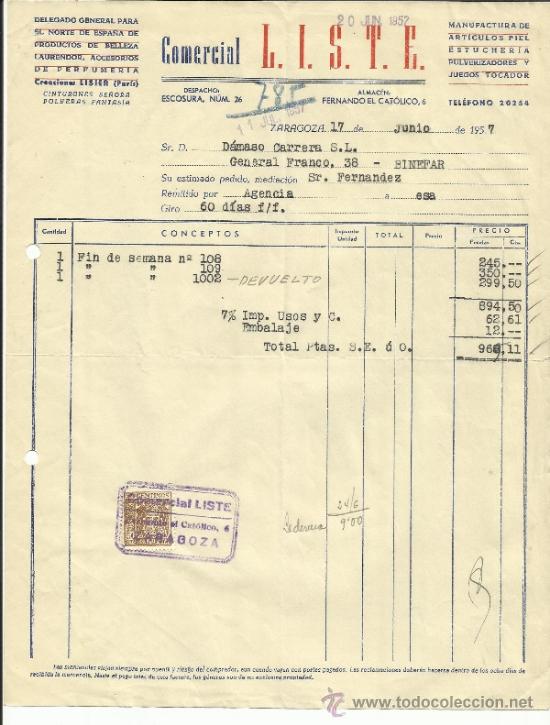 Factures anciennes: FACTURA DE COMERCIAL LISTE. ZARAGOZA. 1957