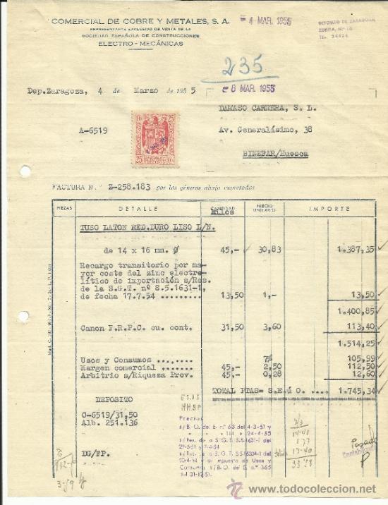 Factures anciennes: FACTURA DE COMERCIAL DE COBRES Y METALES. S.A. ZARAGOZA. 1955