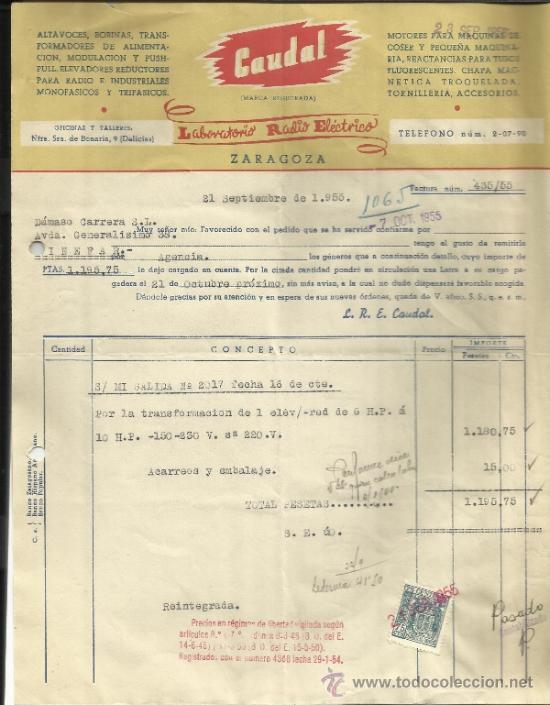 Factures anciennes: FACTURA DE CAUDAL. LABORATORIO RADIO EL&Eacute;CTRICA. ZARAGOZA. 1955