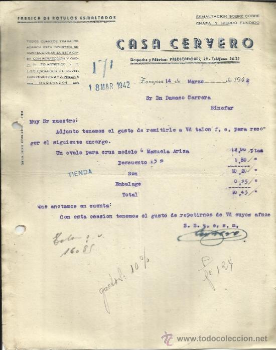 Factures anciennes: FACTURA DE CASA CERVERO. F&Aacute;BRICA DE R&Oacute;TULOS ESMALTADOS. ZARAGOZA. 1943