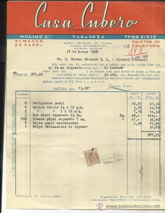 Factures anciennes: FACTURA DE CASA CUBERO. OBJETOS DE ESCRITORIO. ZARAGOZA. 1958