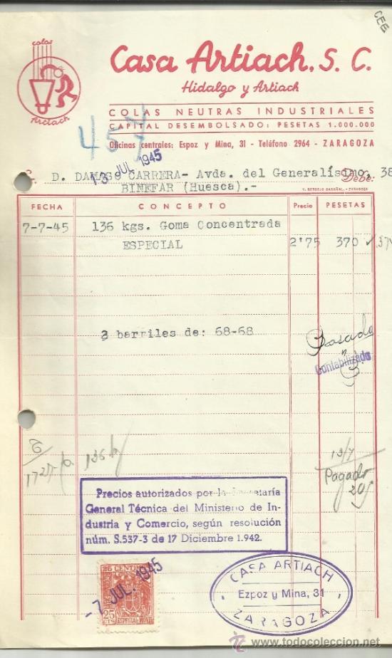 Factures anciennes: FACTURA DE CASA ARTIACH. COLAS NEUTRAS INDUSTRIALES. ZARAGOZA. 1945
