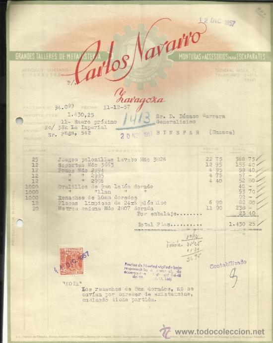 Factures anciennes: FACTURA DE CARLOS NAVARRO. GRANDES TALLERES DE METALISTERIA. ZARAGOZA. 1957