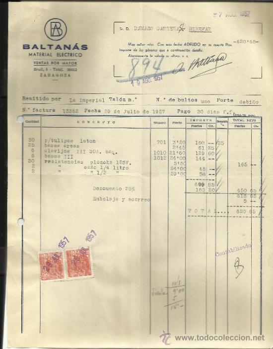 Old Invoices: FACTURA DE BALTAN&Aacute;S. MATERIAL EL&Eacute;CTRICO. ZARAGOZA. 1957