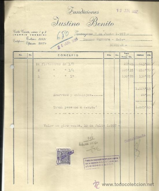 Old Invoices: FACTURA DE FUNDICIONES JUSTINO BENITEZ. ZARAGOZA. 1957