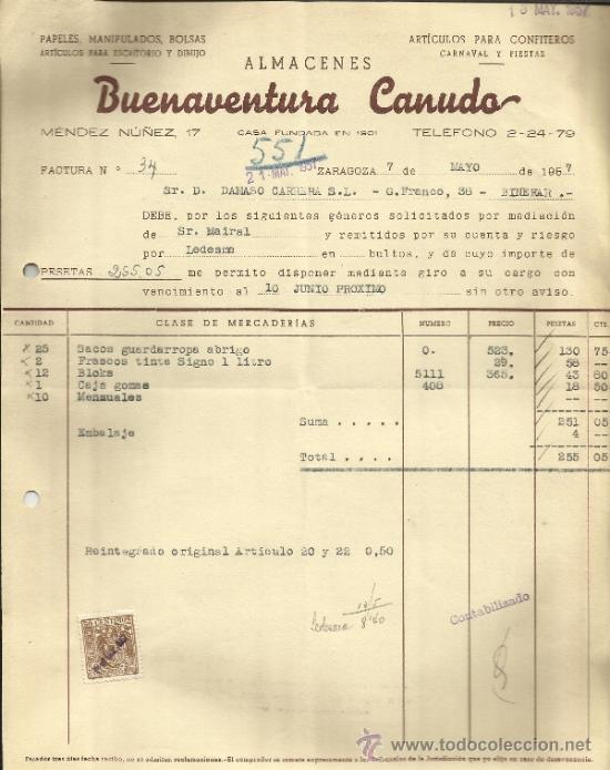 Old Invoices: FACTURA DE ALMACENES BUENAVENTURA CANUDO. PAPELES, MANIPULADOS Y BOLSAS. ZARAGOZA. 1957