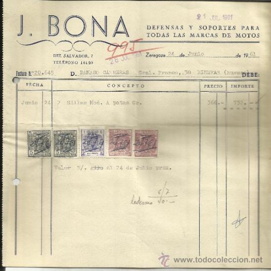 Old Invoices: FACTURA DE J. BONA. DEFENSAS Y SOPORTES PARA MOTOS. ZARAGOZA. 1961