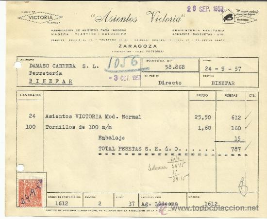 Old Invoices: FACTURA DE ASIENTOS VICTORIA. ZARAGOZA. 1957
