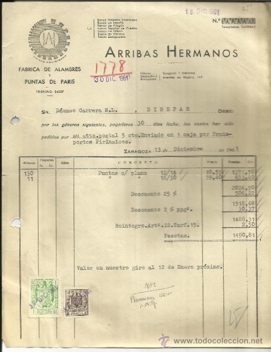 Old Invoices: FACTURA DE ARRIBAS HERMANOS. F&Aacute;BRICA DE ALAMBRES Y PUNTAS DE PAR&Iacute;S. ZARAGOZA. 1961