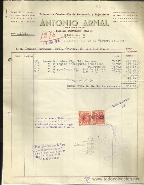 Old Invoices: FACTURA DE ANTONIO ARNAL. TALLERES DE CONSTRUCCI&Oacute;N DE FONTANER&Iacute;A. ZARAGOZA. 1958